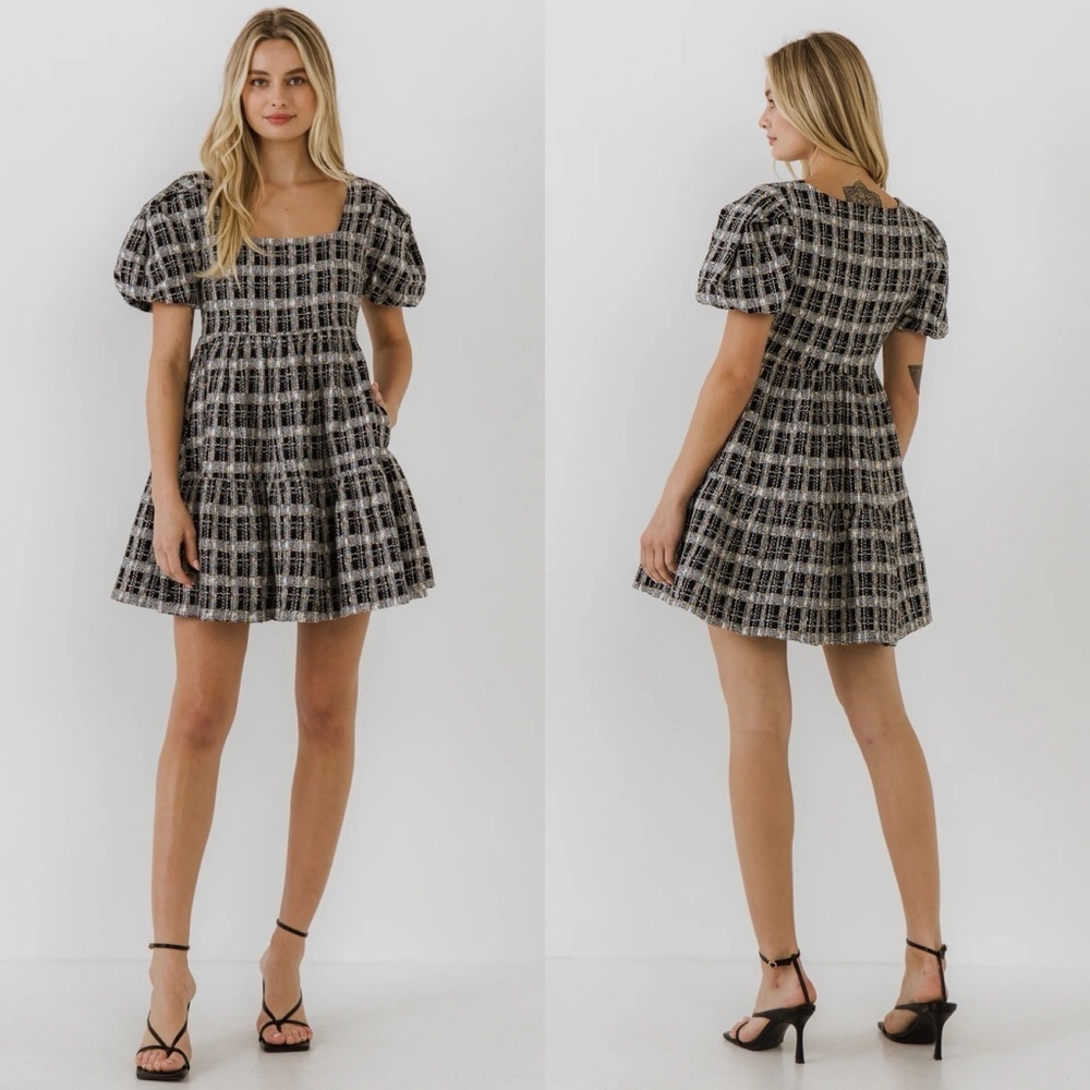 English Factory Tweed Plaid Mini Dress Puff Sleeve Square Neck Fit & Flare